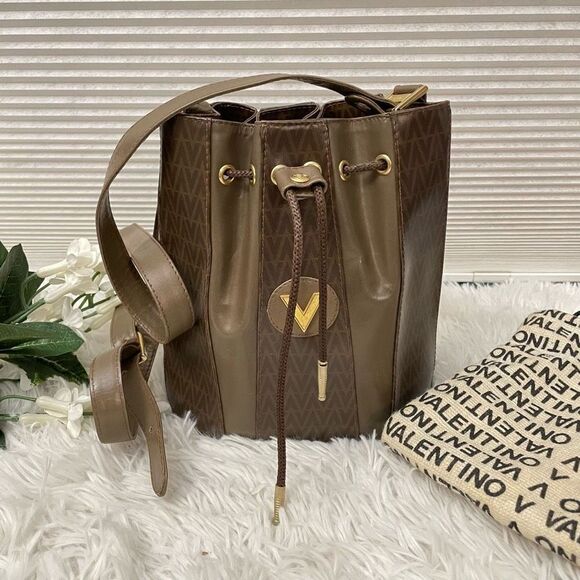 Mario Valentino Vintage‎ Signature Monogram Leather Mini Drawstring Bucket Bag - Picture 1 of 13